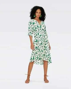 Diane Von Furstenberg womens Eloise Faux Wrap Midi Dress sz 14 Green Floral $378 - Picture 1 of 10
