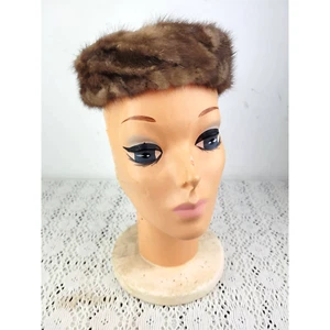 Vintage 1930s / 1940s Genuine Mink Fur Brown Pillbox Fascinator Hat w/ Clips - Picture 1 of 11