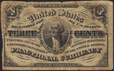 Fr.1226 Third Issue 3 Cents Fractional Currency Tear Pinholes - Image 1 of 2