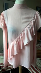 M&S LIMITED EDITION LADIES PINK RUFFLED HIGH COLLAR BLOUSE SIZE 8/EUR 36 - Picture 1 of 7