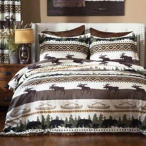 Rustic Cabin Lodge Comforter Set King - Outdoor Themed Striped Bedding Set, 3 Pi - Picture 1 of 7