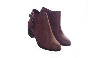 Botas cortas de mujer con hebilla al tobillo de moda con cremallera 2" tacón ancho marrón 6 8 NUEVAS - Imagen 1 de 1