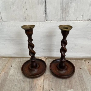 Pair of Antique Wood Twisted Gold Brass Candlestick Holder Candle Stick Handle - Picture 1 of 8
