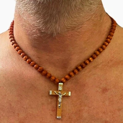 Collana con croce rosario da uomo catenina lunga regolabile surf di legno donna - Immagine 1 di 4