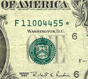 11004455* - Fancy Quad Doubles Star Note Serial - 1995 $1 Federal Reserve Note - Picture 1 of 3