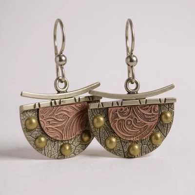 Boho Chico’s Fan Shaped Earrings Semicircle Carved VTG Gold Silver Pattern Dot  - Image 1 of 4