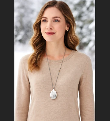 J. Jill Let it Snow Etched Pendant Necklace Trees Oval Silver Tone Adjustable - Image 1 of 4