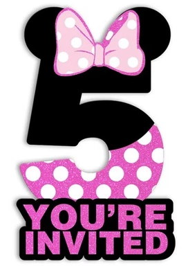 20 Minnie Mouse 5th Birthday Party Invitations Girl Pink Glitter With Envelopes - Image 1 of 4