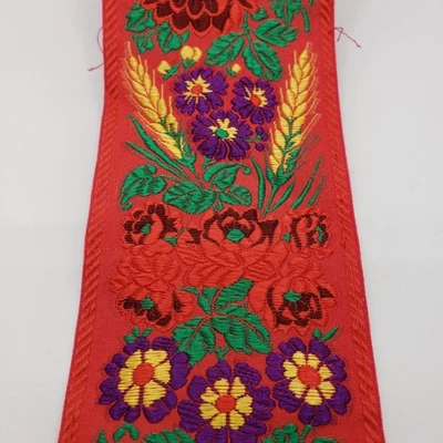 Red And Yellow Floral Antique Czech Silk Ribbon 2 ½” Wide 2 ½ Yards - Image 1 of 4
