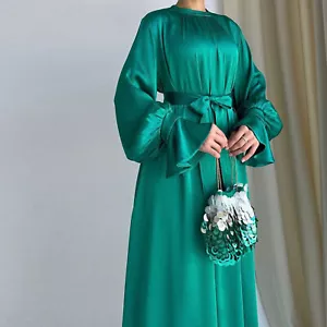 Elegant Women Satin Long Dress Abaya Dubai Evening Kaftan Muslim Robe Prom Gown - Picture 1 of 35