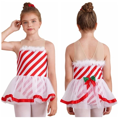 Niñas Disfraz Bailarina Falda Rendimiento Ropa de Baile Cumpleaños Navidad Vestido Rayas Foto 1 de 4