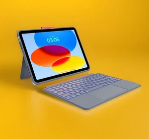 AUSDOM iPad 10th Gen Keyboard Case Bluetooth Trackpad Backlit Grey Folio - Picture 1 of 2
