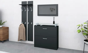 Garderobenset Schuhschrank Spiegel Wandpaneel Schuhkipper Regal Schwarz FINN - Bild 1 von 13