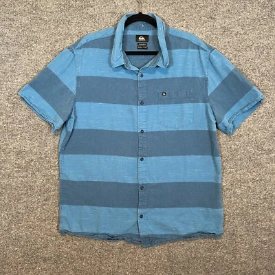 Camisa Quiksilver Para Hombres XL Azul Denim Cambray Rayas Manga Corta Abotonada Y2K Foto 1 de 4