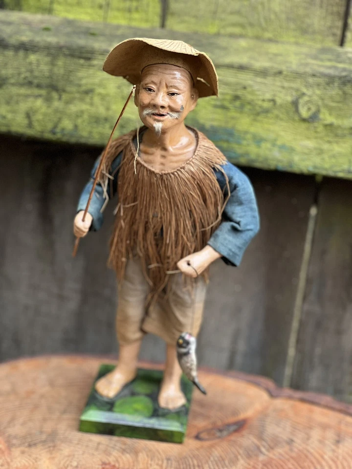 Antique Chinese fisherman paper mache figure model hand painted statue folk art - Image 1 of 4