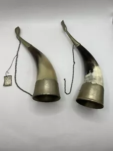 2 Vintage Horns Wine Drinking Cup Chain Brass Accent Russian Decor Hand Made - Picture 1 of 9