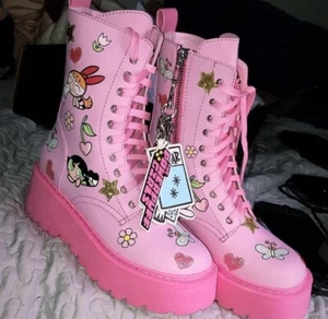 Women’s Powerpuff Girls Barbie Pink Combat Boots US10 - Picture 1 of 6