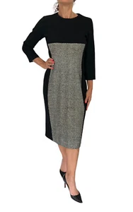 MICHAEL KORS Italy $1290 Black Gray Tweed Wool 3/4 Sleeve Sheath Midi Dress 10 - Picture 1 of 11