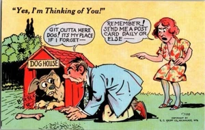 Postal Comedia Vintage Mujer Envía Hombre a Casa Perro Pensando en Ti Arte Kropp - Imagen 1 de 2