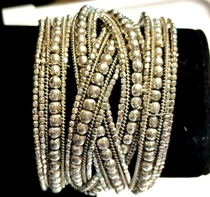 Silver Tone Metal Beaded Criss-cross Rows with Multi Row Wrap Around Bracelet - Picture 1 of 7