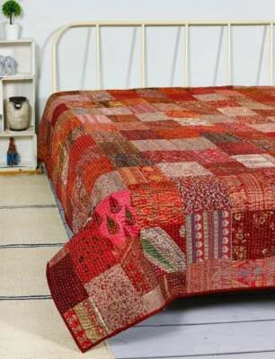 Indian Patola Silk Patch Work Kantha Quilt Kantha Blanket Bedspread Twin Quilt - Image 1 of 4