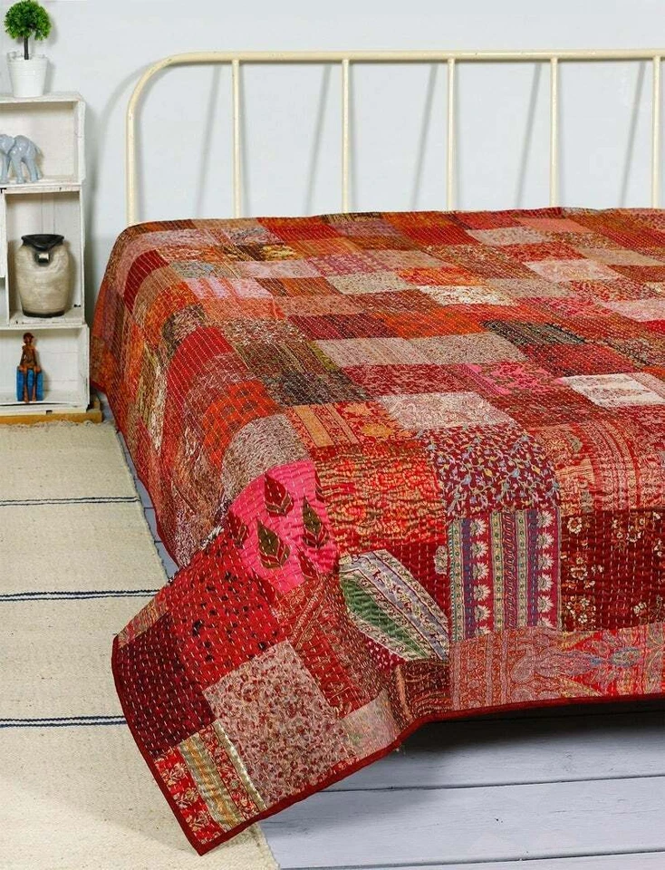 Silk Patola Patchwork Indian Handmade Queen Cotton Kantha Quilt Throw Bedspread - Image 1 of 4