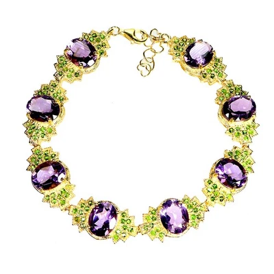 925 Sterling Silver Bracelet Oval Amethyst Chrome Diopside Gemstone Jewelry 8in - Image 1 of 4