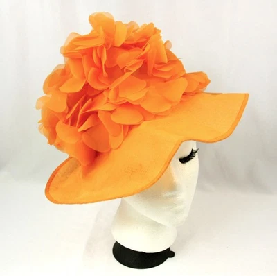 Vintage Sheer Chiffon Orange Fluffy Floral Mushroom Hat 1960s MCM Whimsy Japan - Image 1 of 4