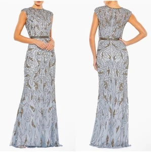 Abito vestito donna Mac Duggal taglia 16 impreziosito illusione cappuccio manica 5532 $698 - Foto 1 di 12