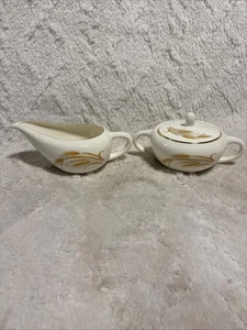HOMER LAUGHLIN GOLDEN WHEAT USA Creamer / Gravy Sauce Boat & Sugar Bowl with Lid - Picture 1 of 6
