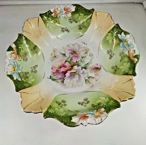 Antique RS Prussia Hand Painted Porcelain Bowl 10.5”Pink Carnations Pastel B2 - Picture 1 of 6