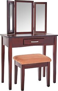 Wood Contemporary Iris Vanity Makeup Tilt Mirror Table Dreser Drawer Stool Bench