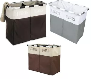 Folding Laundry Basket Hamper Cloth Storage 2 Compartment dark and Light - Picture 1 of 13