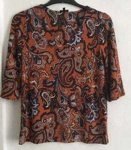 Ladies Small Orange Paisley 3/4 Sleeve V Neck Blouse Next - Picture 1 of 5