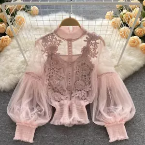 Ladies Lace Mesh Floral Shirt Puff Long Sleeve Blouse Sheer Retro Elegant Party - Picture 1 of 24