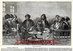 Cafetería turca, cachimba para fumar, impresión de grabado antiguo de los años 1850 y artículo - Imagen 1 de 4