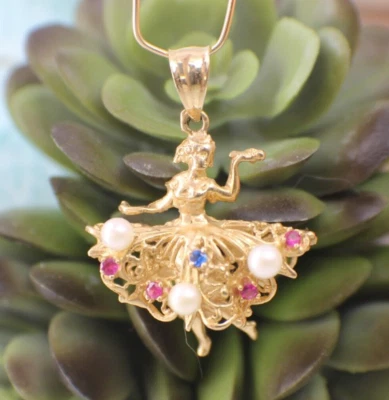 Solid 14K Yellow Gold Pendant Ruby Pearl Dancer Ballerina Lady Filigree Dress - Image 1 of 4