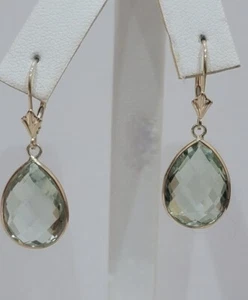 14 K Yellow Gold Earrings With Genuine Green Amethysts  16×12 mm Dangling... - Picture 1 of 7