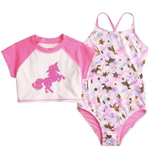 So Girls Unicorn One Piece Swimsuit and Cropped Rash Guard Set 6/6X New with Tag - Picture 1 of 4