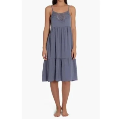 NWT In Bloom by Jonquil STORM BLUE Satin TIERED Gown Nightgown S CROCHETED LACE - Image 1 of 4