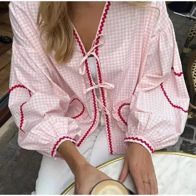 Hearts Pink Long Sleeves Plaid Blouse Top Women - Image 1 of 4