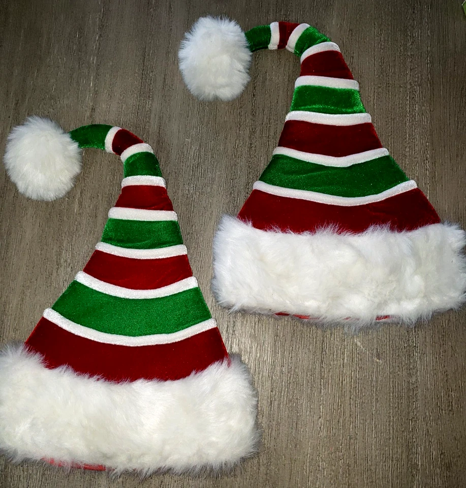FANCY RED WHITE GREEN SANTA HATS STRIPE FURRY TRIM MEN WOMEN 1 SIZE ELOPE BRAND - Image 1 of 1