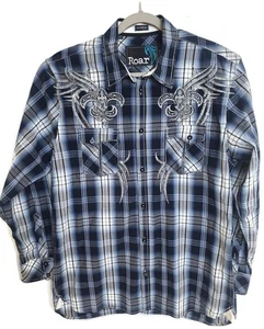 Roar Shirt Mens Extra Large Blue Plaid Signature Western Embroidered Snap - Picture 1 of 6