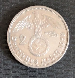 Deutschland Drittes Reich Nazi Münze 2 Reichsmark Silbermünze 1938 G Hindenburg - Bild 1 von 2