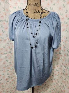 LOFT OUTLET, DAMEN BLUSE BLAU POLY KURZARM GESMOKTER AUSSCHNITT GR. M - Bild 1 von 7