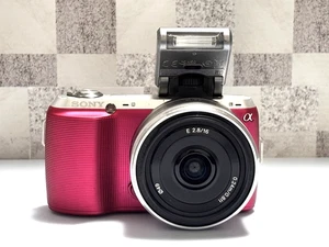 Sony Alpha NEX-C3 Mirrorless Camera Pink w/Lens SEL16F28, Flash, Case, SDcard Jp - Picture 1 of 23