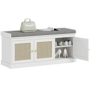 HOMCOM Shoe Storage Bench with Rattan Doors, Cushion, Entryway Shoe Bench - Picture 1 of 11