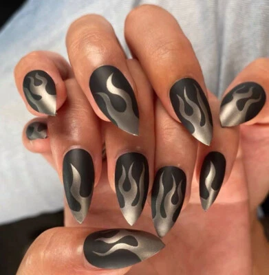 24 Medium Press on nails kit w glue black stiletto silver flame fire goth - Image 1 of 4