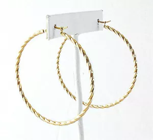 Large Stainless Steel Gold Tone Twisted Wire Hoop Earrings, 2.5", 60mm - Picture 1 of 6