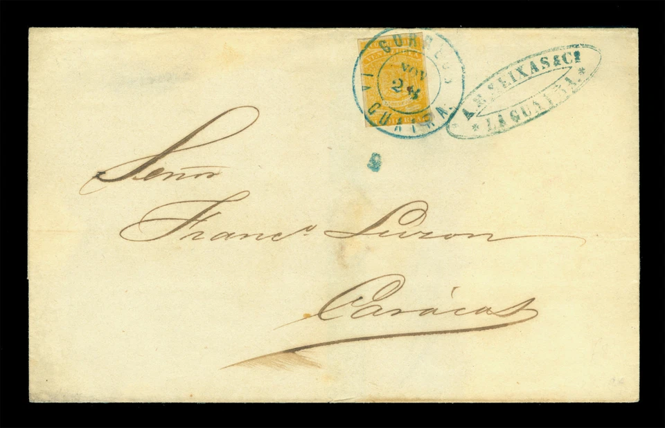 VENEZUELA 1861 Coat of Arms ½r olive yellow Sc#4b on cvr f/ La Guaira to Caracas - Image 1 of 2